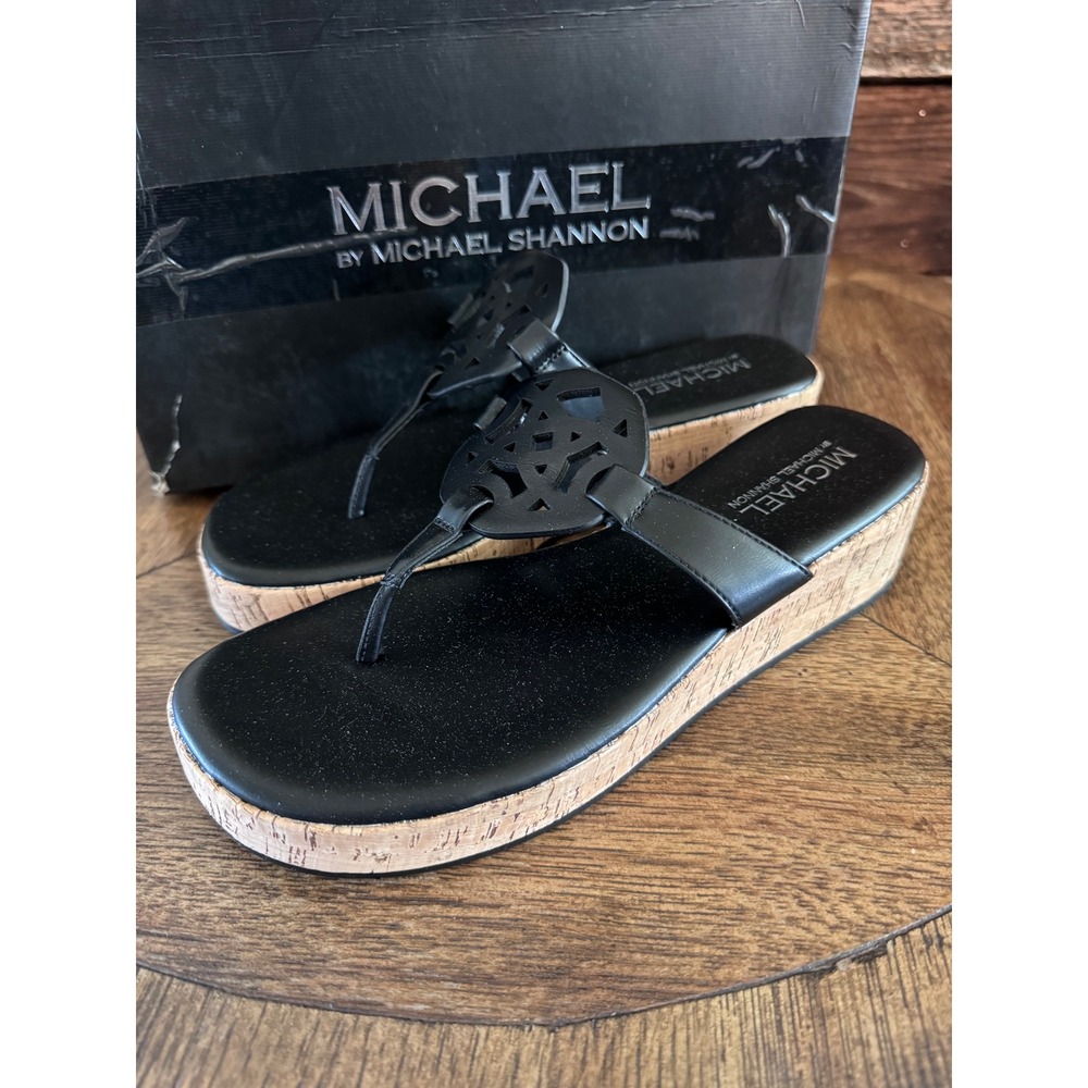 Michael by Michael Shannon Presley Black Cork Wedge Thong Sandals Womens 8 20700